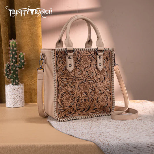 Trinity Ranch Floral Tooled Tote Crossbody Bag