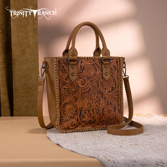 Trinity Ranch Floral Tooled Tote Crossbody Bag